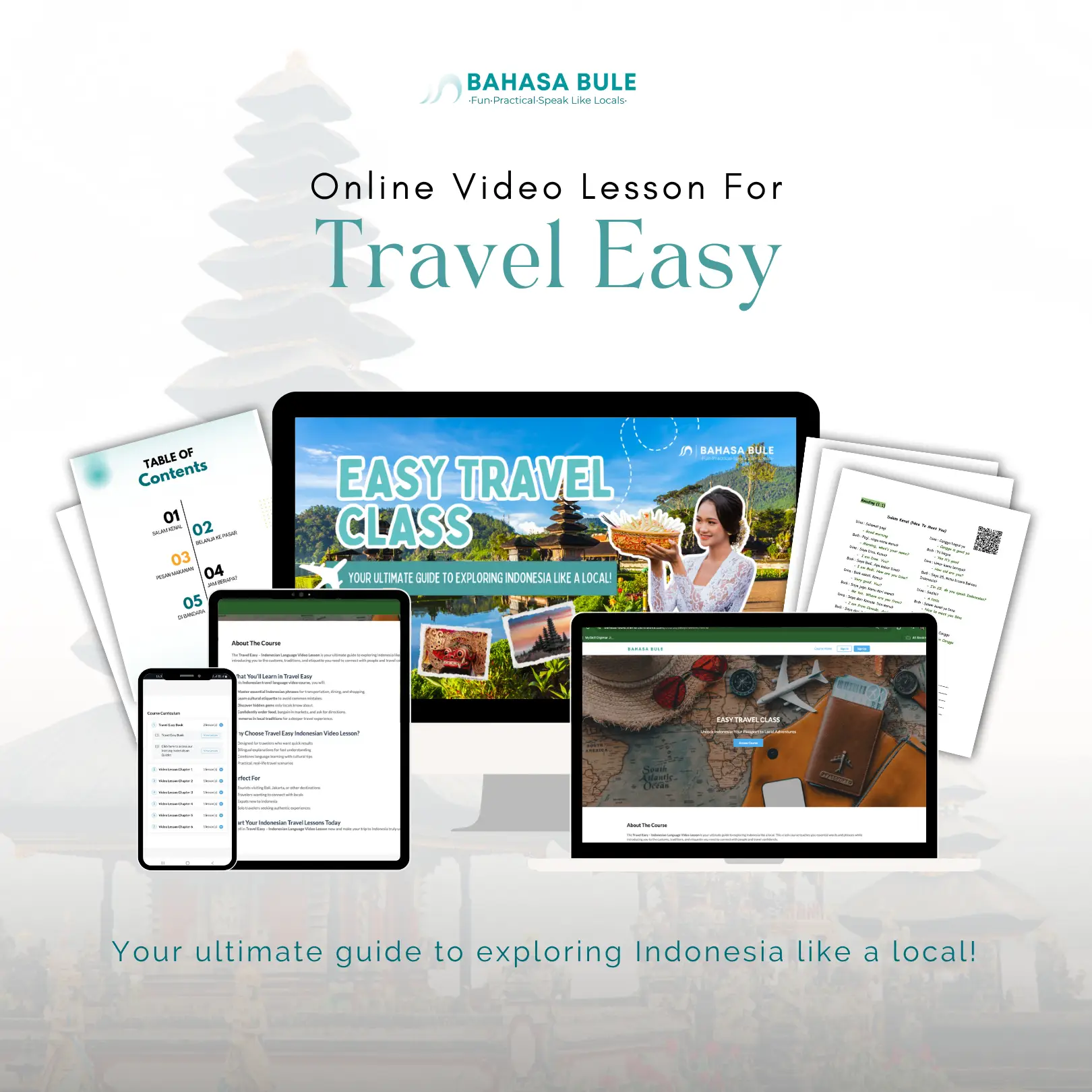 Travel Easy Indonesian online video lessons on laptop, tablet and phone