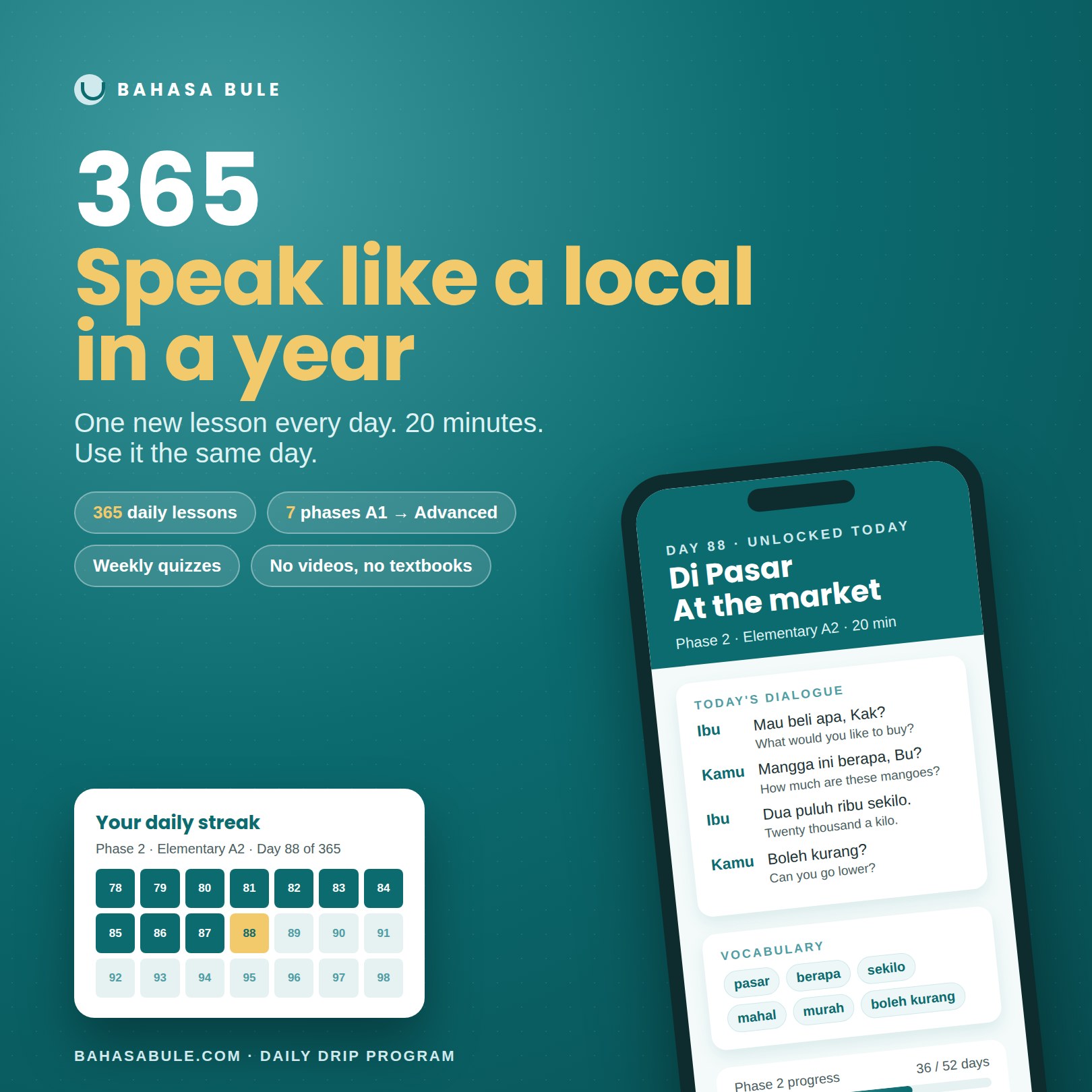Bahasa Bule 365 – daily Indonesian text lessons, one new lesson every day for a year